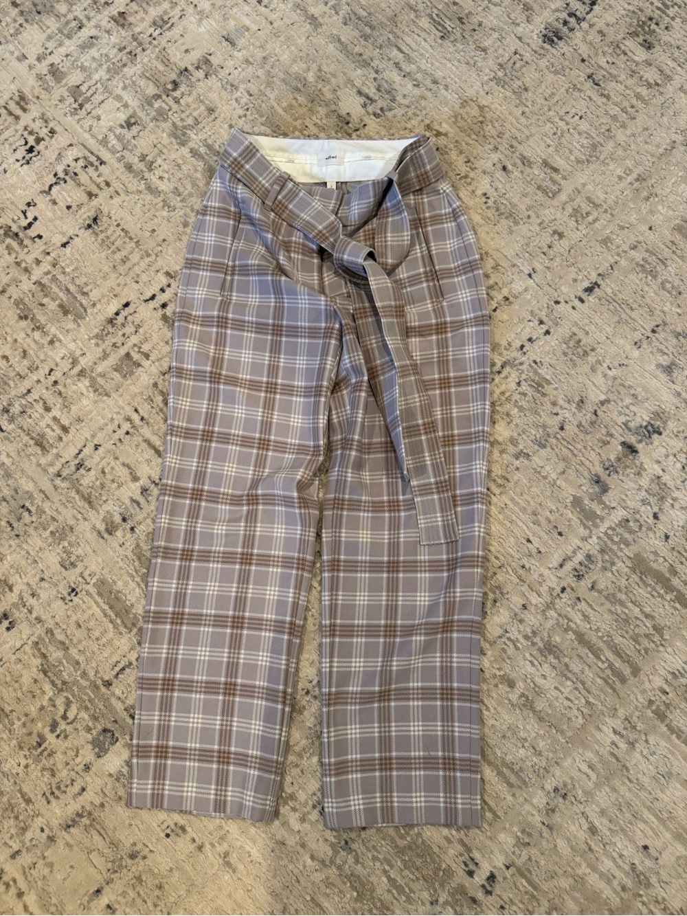 Wilfred Plaid Tie-Belt Trousers in Brown and White